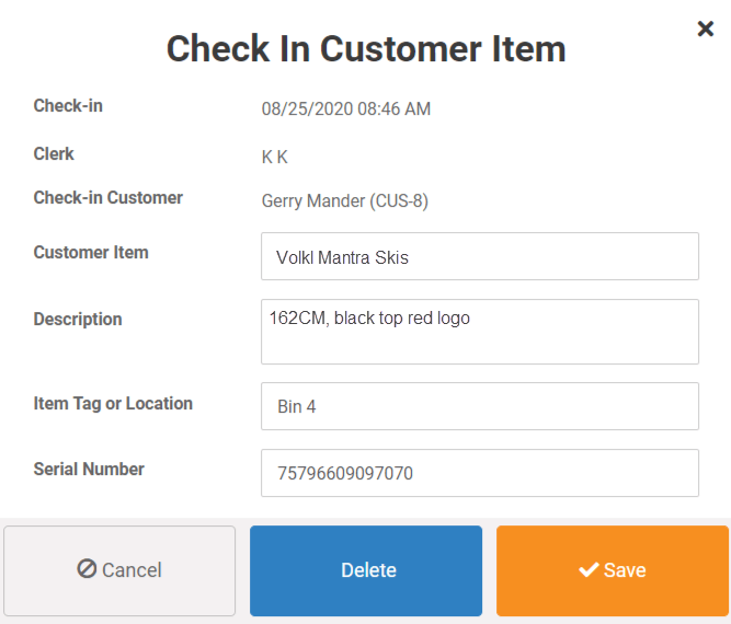 Ski check in customer item Front Register MicroBiz 2 1