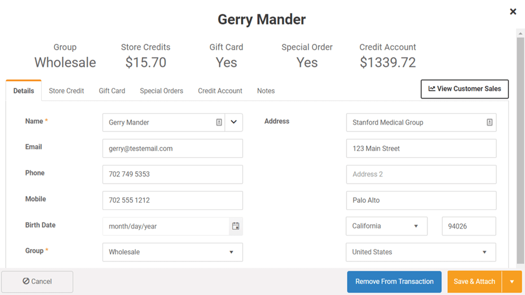 Customer record visible from Front Register