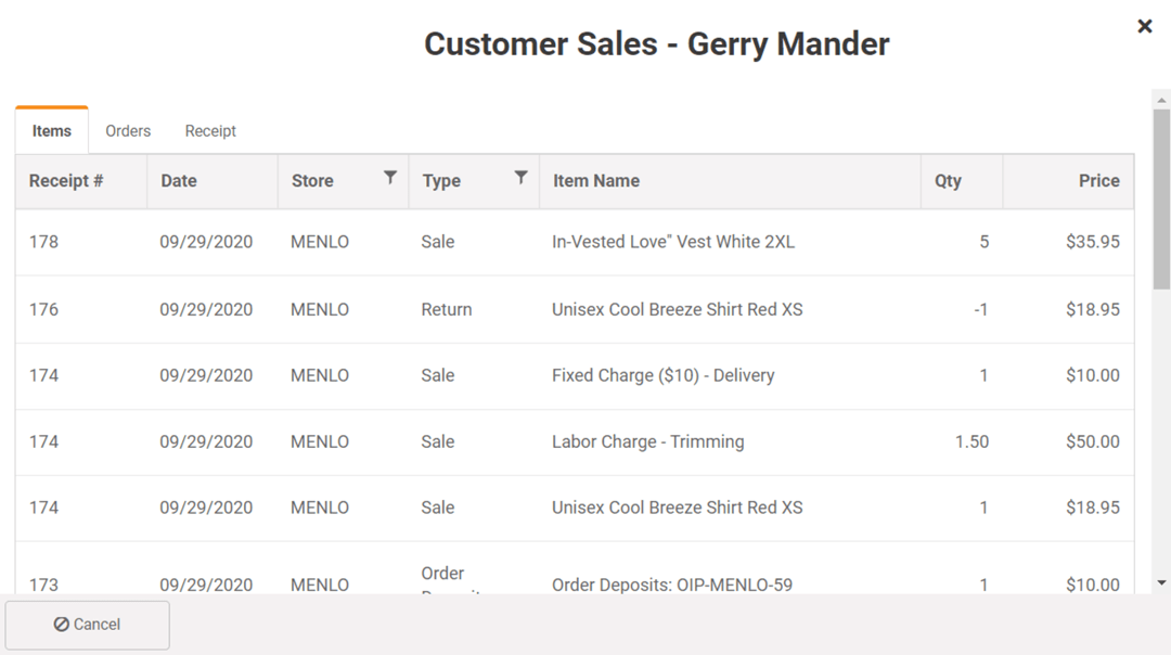 Customer sales history at front register