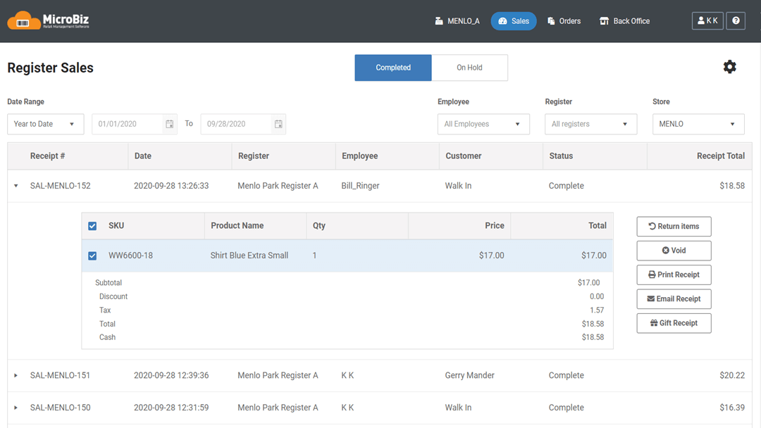 Sales dashboard that allows a user to recall, void or reprint a transaction