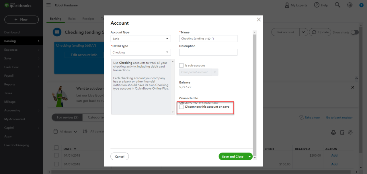 Disconnect Account Config Bank transactions 1