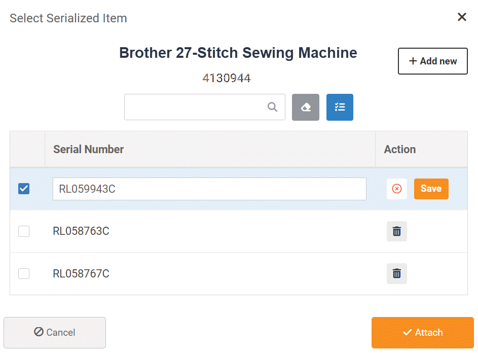 Serial Number Front Register MicroBiz Sewing